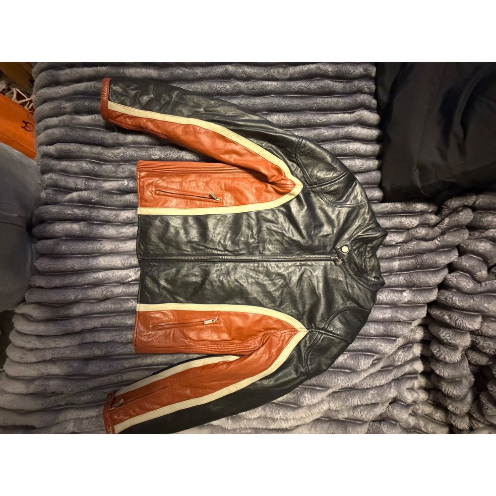 Wilsons Leather M. Julian Mens Cafe Racer Jacket Black Orange Colorblock Medium